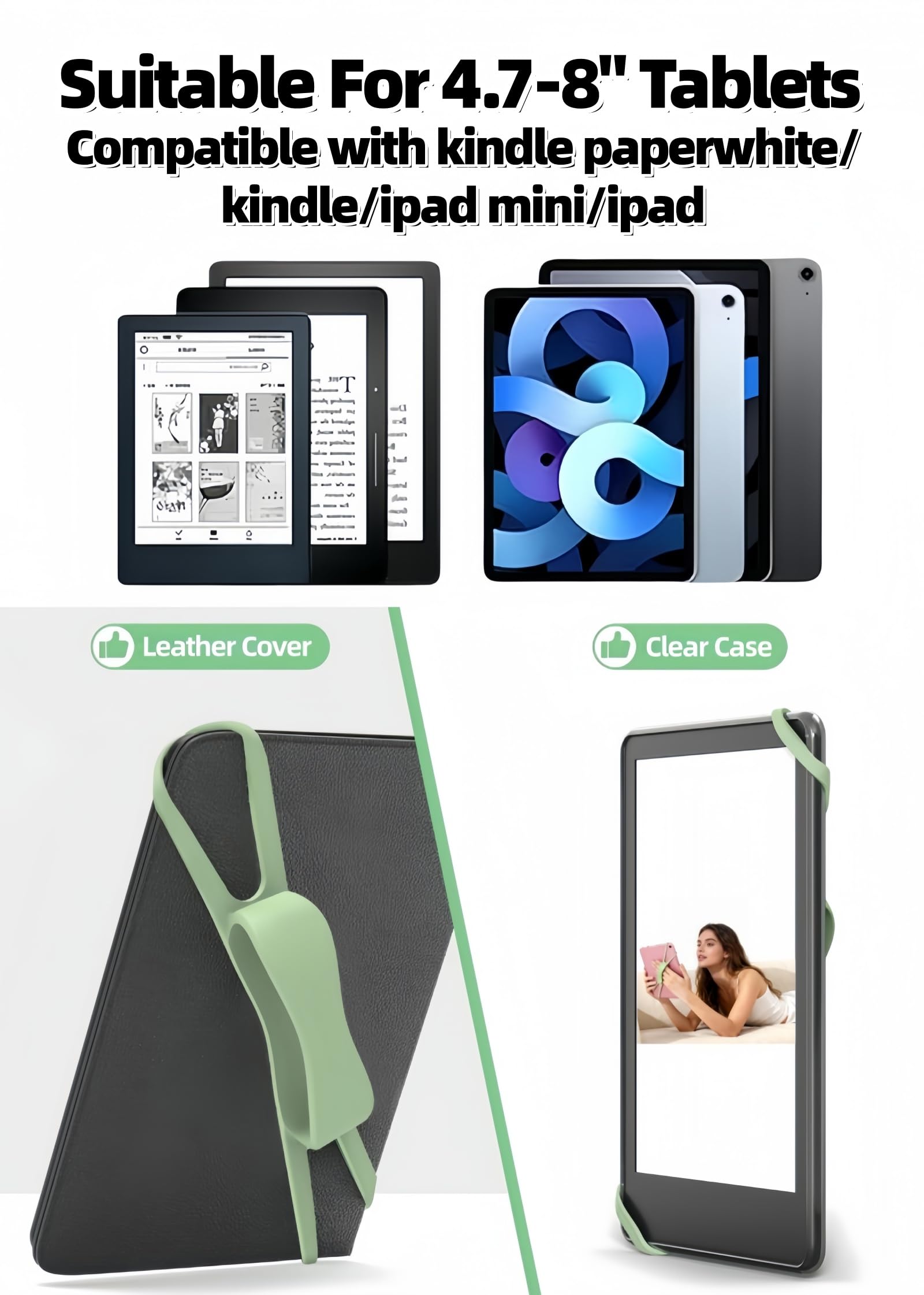 Hand Strap Holder Compatible with Kindle, Secure Comfortable Grip Accessory for Reading in Bed, Lightweight Elastic Hand Strap Compatible with 4.7-8" Kindle Paperwhite/E-Books/Tablets (Green) — view 7