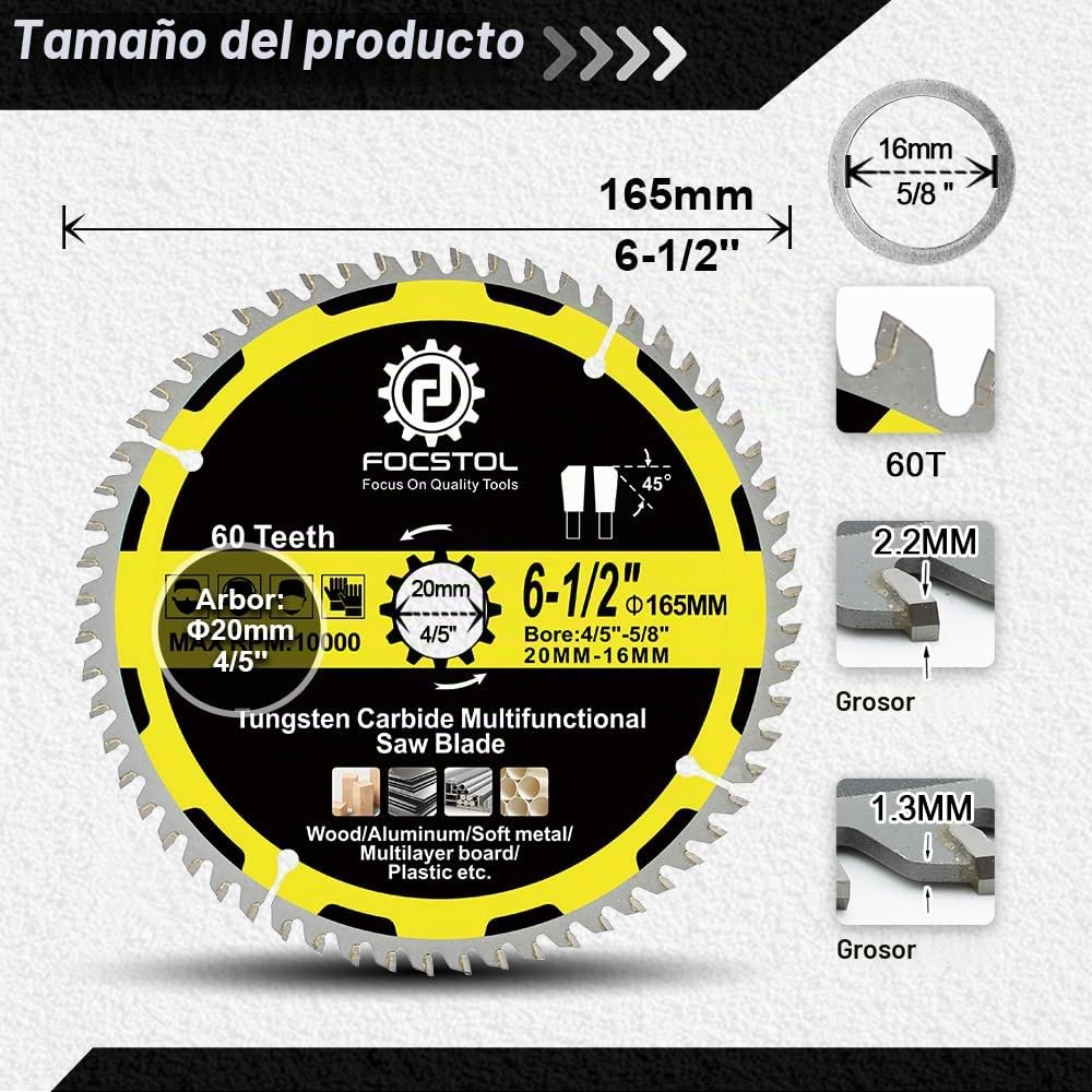 FOCSTOL Hoja Sierra Circular para Madera 165mm x 20/16mm - Disco para Corte Madera con 60 Dientes Para Plástico Aluminio Cobre