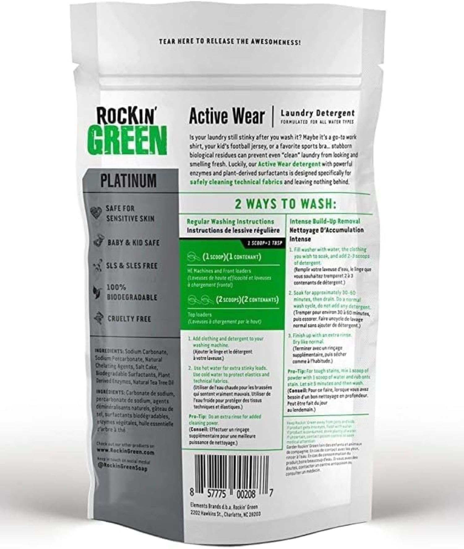 Rockin' Green | Detersivo per bucato Active Wear | 1.275,7 g/90 carichi, tutto naturale, biodegradabile ed ecologico