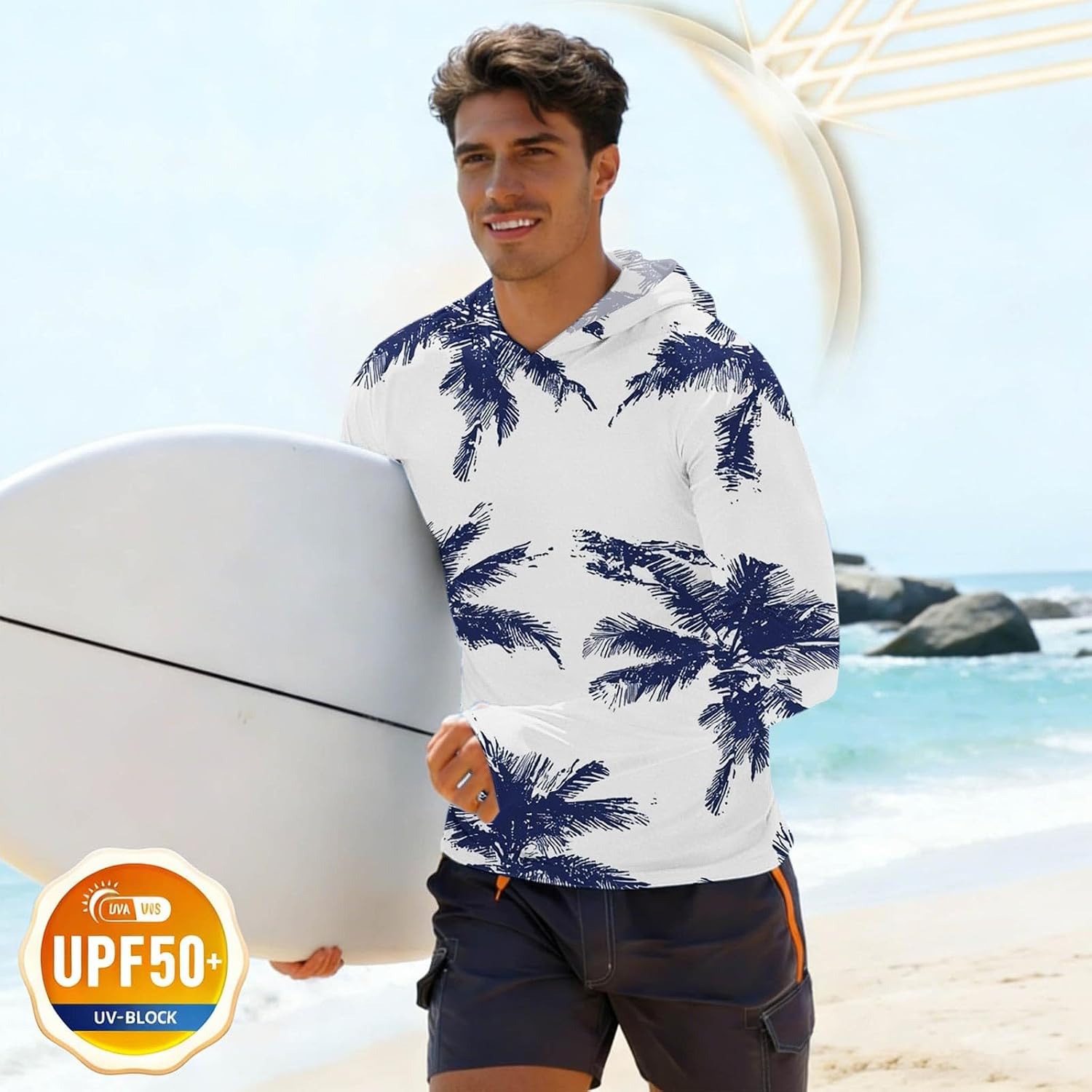 Men Women UPF50+ Sun Shirts with Hood Summer Print Long Sleeve Thumb Hole Outdoor Sun Protection UV Sports Tops