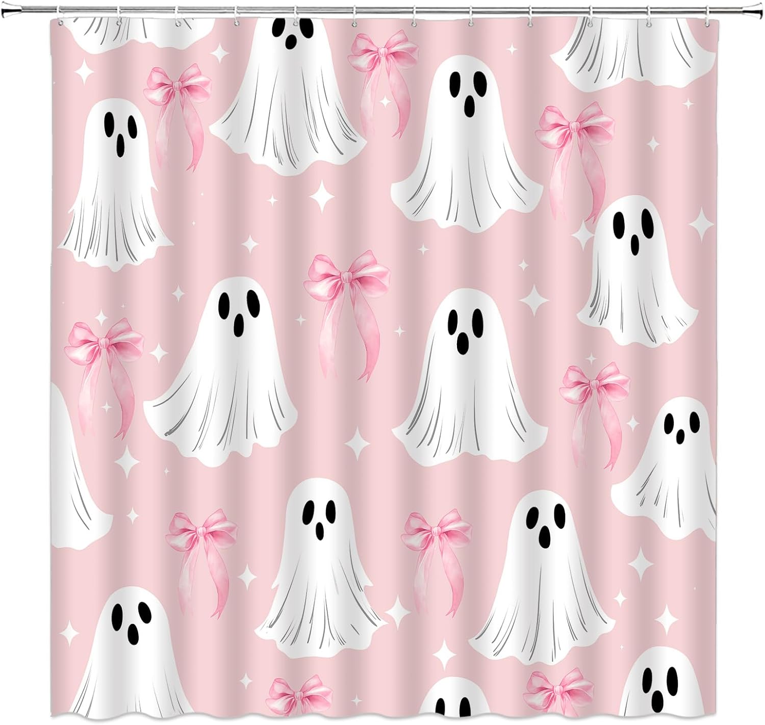 Halloween Ghost Shower Curtain,Cute Spooky Bow Festival White Pink Polyester Bathroom Curtain with 12 Hooks,Bathtub Home Decor,70x78 Inch