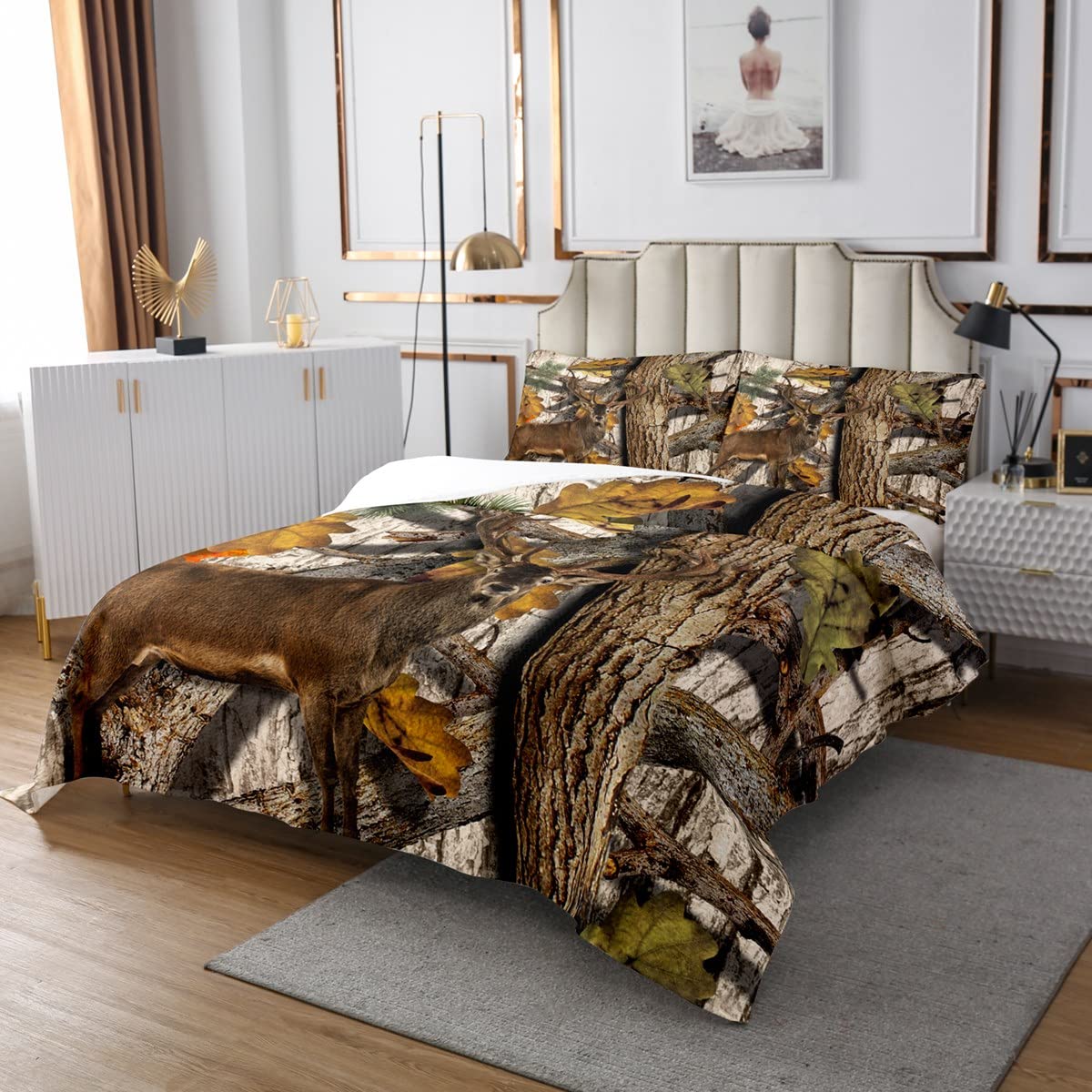 Homemissing Set di copriletto trapuntato con cervo mimetico, per bambini, ragazzi, ragazze, rustico, cervo alce in legno, motivo animali selvatici, trapuntato, matrimoniale