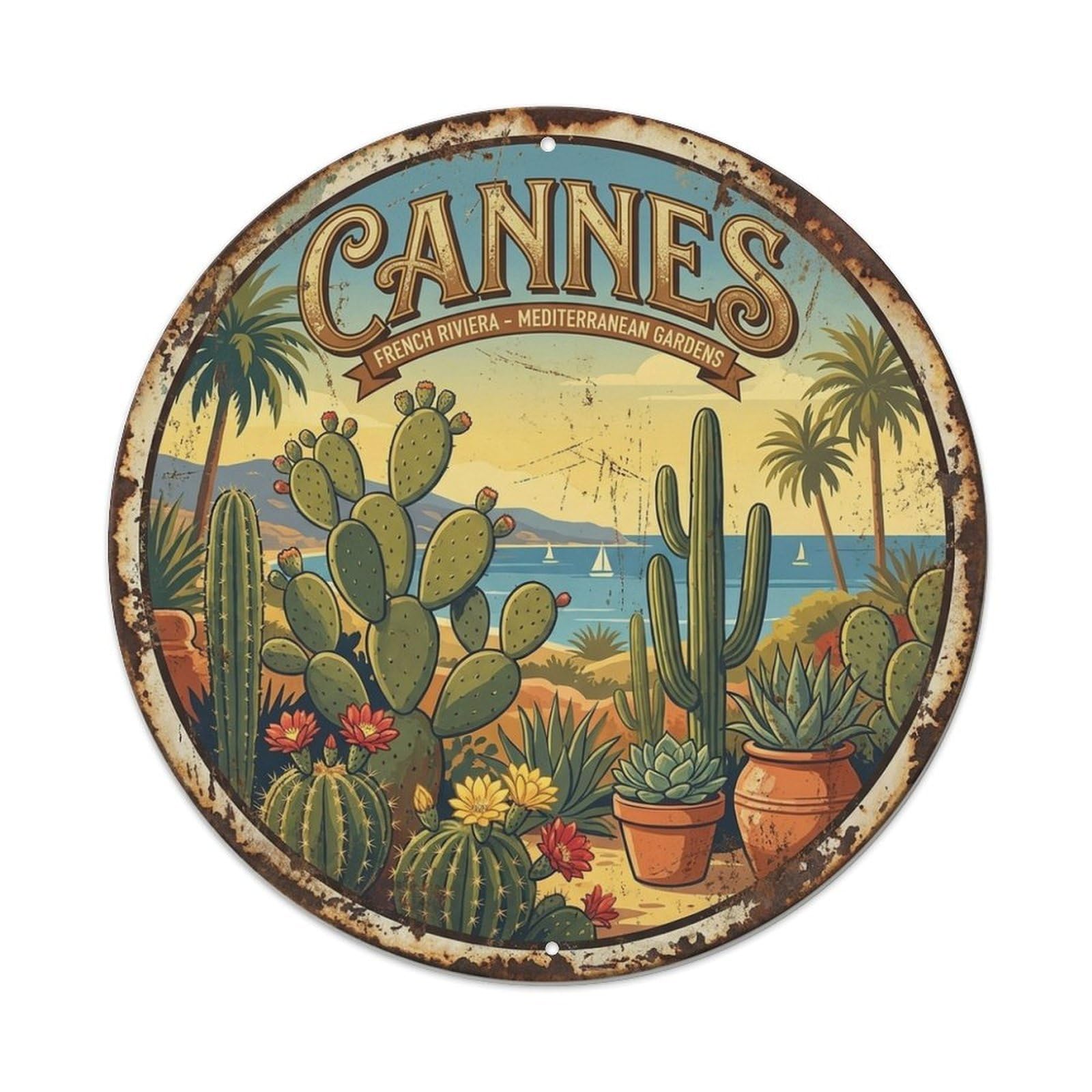 Retro Cannes Cactus French Riviera Mediterranean Travel Metal Tin Sign