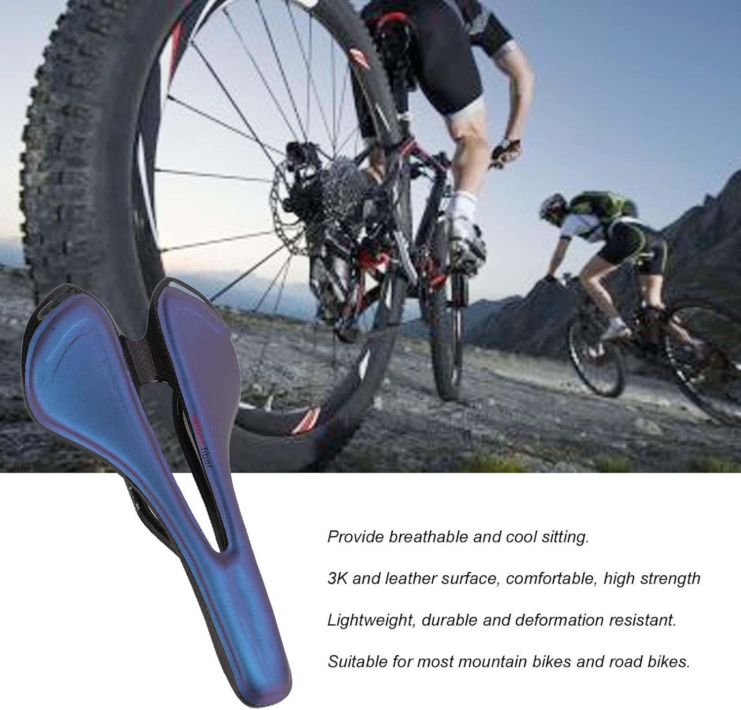 Dilwe Carbon Fiber Saddle, Ultra Light Hollow Saddle Seat Cushion for Mountain Road Bike(Blue)