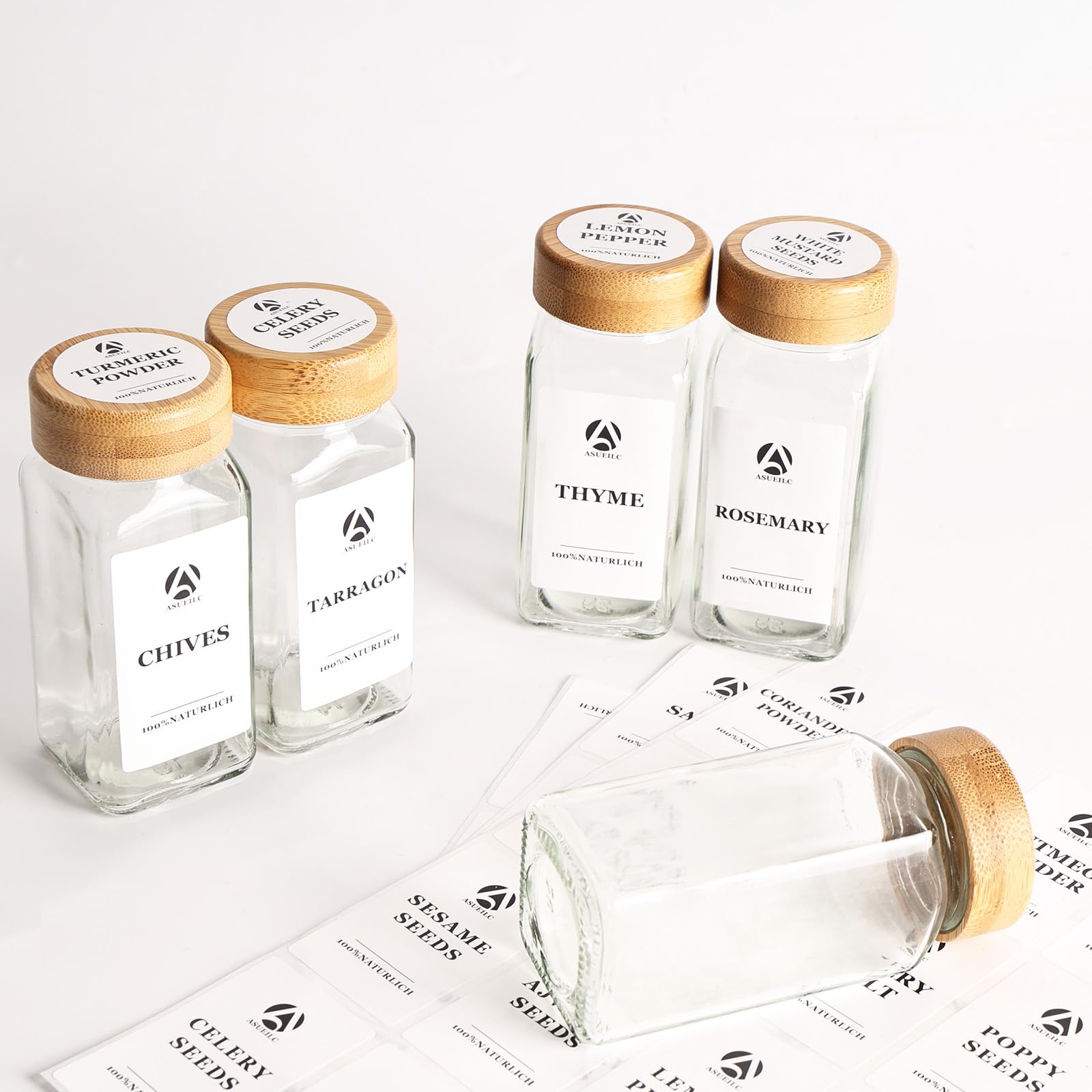 Juego de 24 tarros de especias con tapa de bambú, juego de almacenamiento de contenedores cuadrados de especias de 120 ml, viene con embudo grande, etiqueta adhesiva única impermeable para