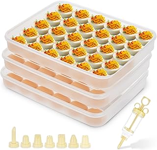 FACULX 3 Pack Deviled Egg Containers with Lid and 8 Pcs Deviled Egg Injector Piping Tool, Egg Organizer for Refrigerator, Fridge Stackable Countertop Portable Egg Platter (transparent-3 packs)