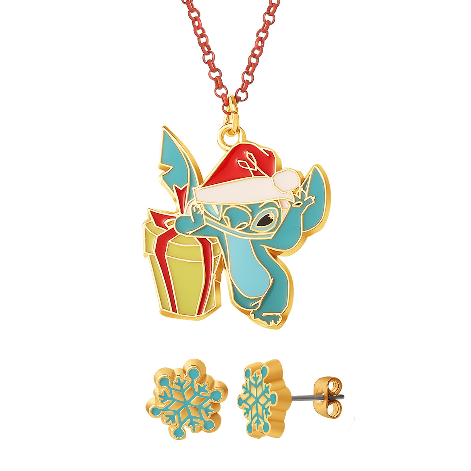 Disney Stitch Christmas Necklace + Earrings Official License, 16+3 Stitch Necklace and Snowflake Stud Earrings