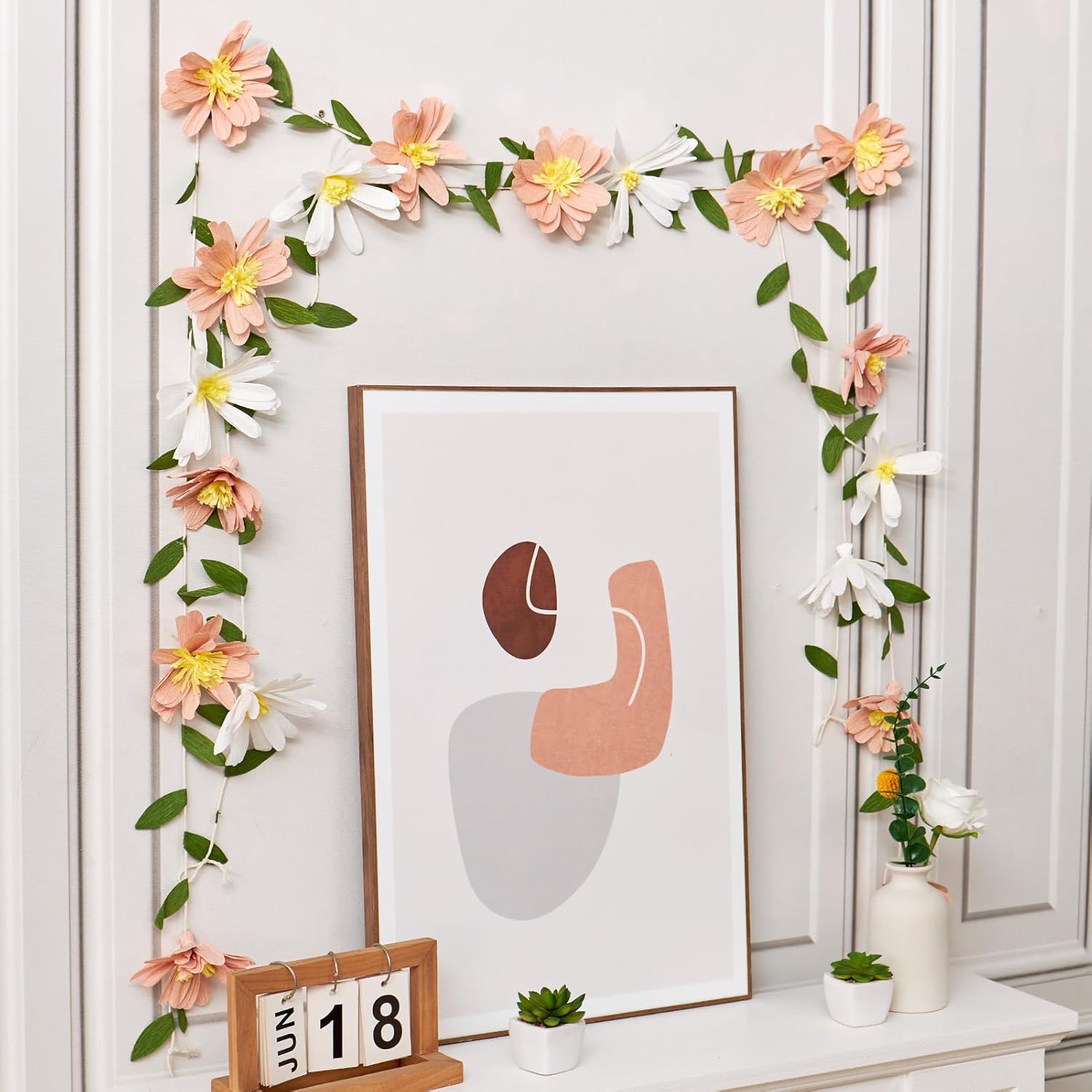 EASY JOY Crepe Paper Flowers Banner White Blush Pink Paper Flower Banner Spring Hanging Paper Flower Garland Paper Leaves Banner for Spring Birthday Wedding Home Decorations - Image 7