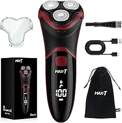 MAX-T Barbeador elétrico masculino - Barbeador rotativo 3D recarregável com fio e sem fio para homens com aparador de costeletas pop-up molhado e seco indolor 100-240V vermelho