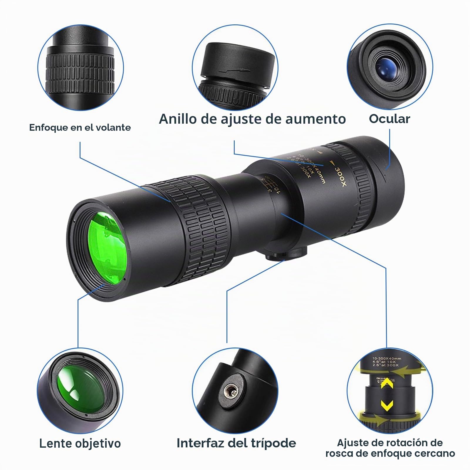 Monoculares de 10-300 x 40 para adultos de alta potencia, telescopio monocular con zoom con lente BAK4 y FMC para conciertos, observación de aves, observación de estrellas (adaptador de smartphone y