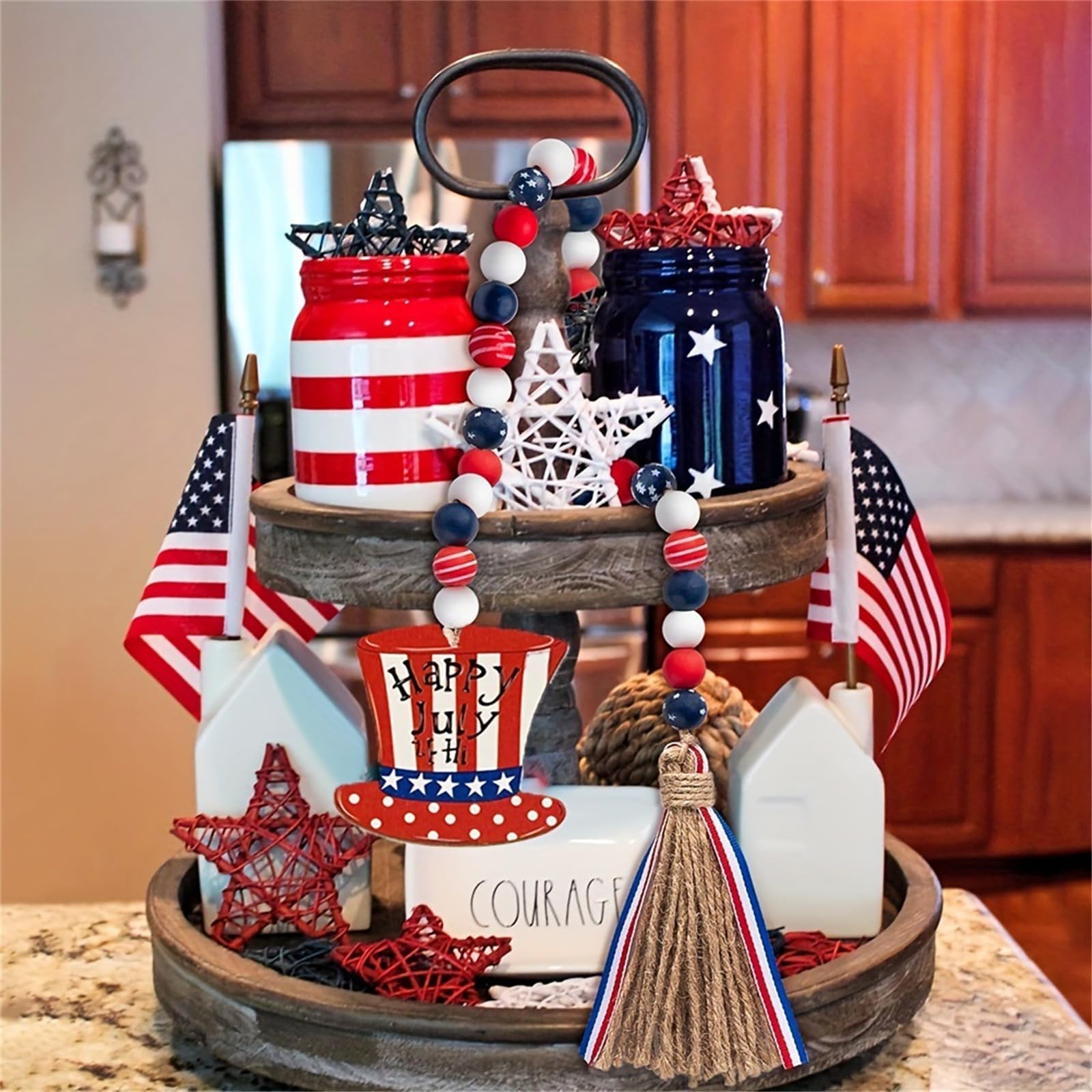 Perles En Bois Du 4 Juillet – Pompons Colorés Du 4 Juillet