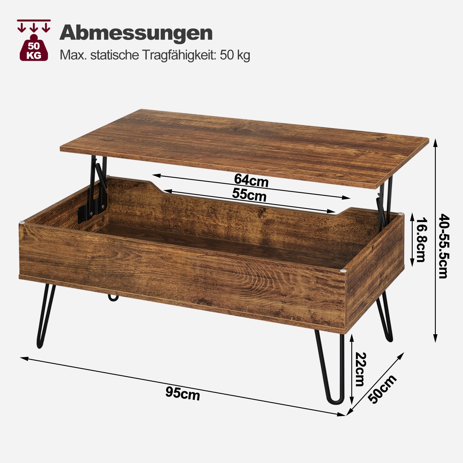 WOLTU Couchtisch Wohnzimmertisch höhenverstellbar ausziehbar, Kaffeetisch mit verstecktem Stauraum, für Wohnzimmer Büro, Metallbeine, 95x(40-55,5) x50 cm, Vintage-Holzoptik Schwarz, BTS18hov