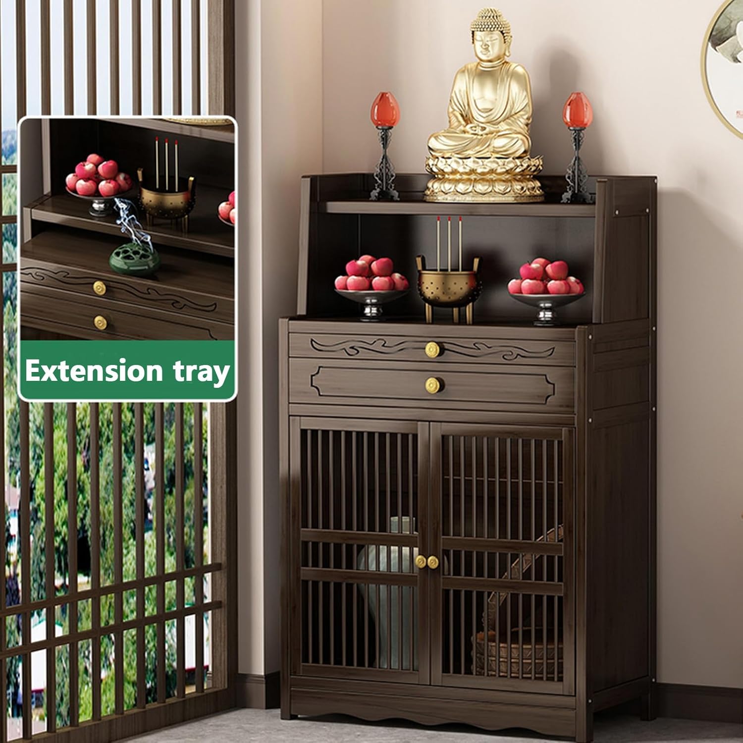 Altar Table, Chinese Cabinet Pedestal Offering Table, Prayer Meditation Tables, Bamboo Buddhist Altar Cabinet, Altars Cabinet Used to Place Photos, Souvenirs(Brown A)