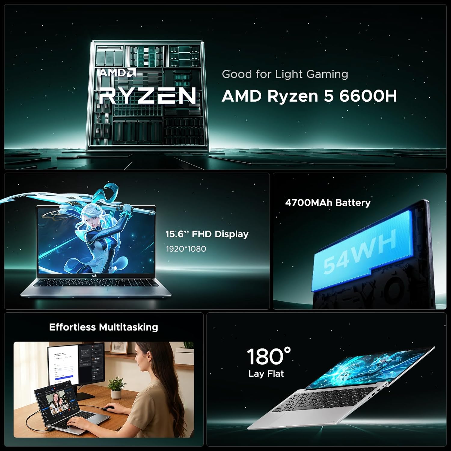 NIMO 15.6" IPS FHD-Gaming-Laptop,AMD Ryzen 5 6600H 16GB DDR5 RAM 1TB SSD (Beat i5-1335U, 6 Cores Up to 4.5GHz) AMD Radeon 660M GPU-Computer with 100W Type-C Charger Backlit Keyboard Fingerprint