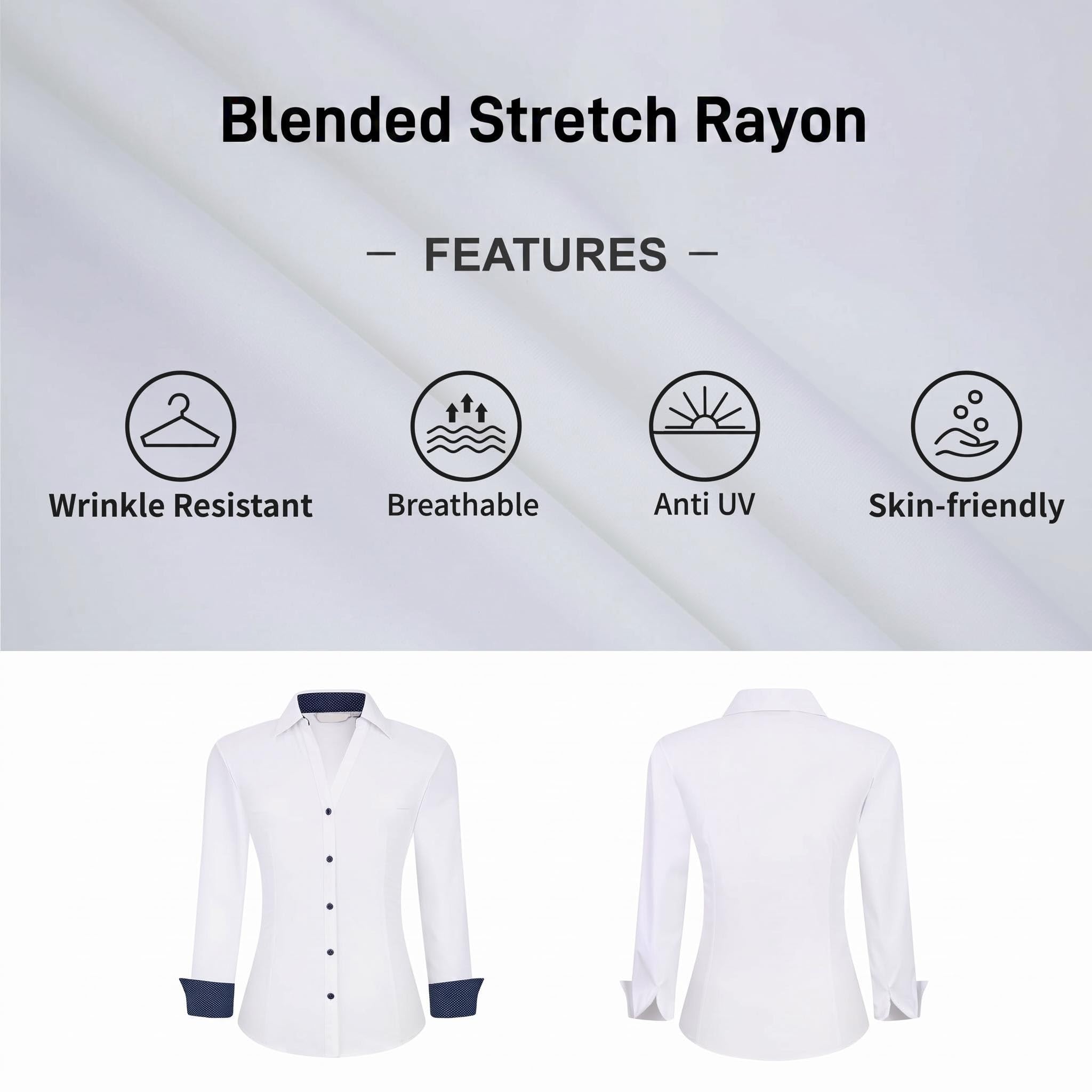 WARHORSEE Chemise boutonnée à manches longues pour femme - Col en V - Facile d'entretien - Extensible - Style décontracté