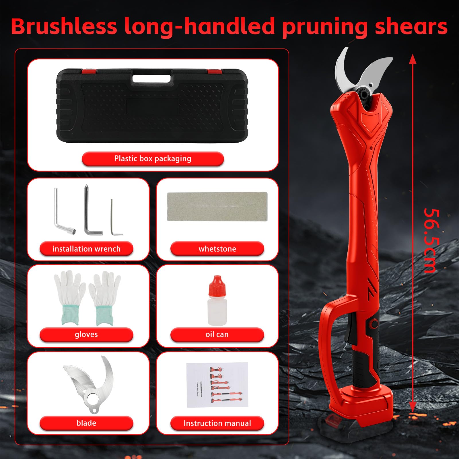 Coupe-branches sans fil compatible avec batterie Makita 18 V (sans batterie), sécateur électrique sans balais avec 2 vitesses, diamètre de coupe 40 mm, longueur 56,5 cm, pierre à aiguiser et lames de