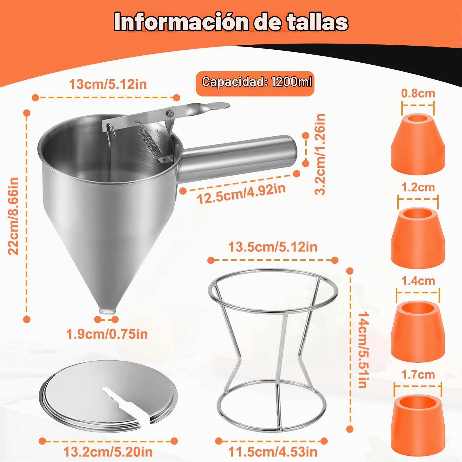 1200ml Dispensador Masa con Tapa & Soporte & 4 Boquillas Repuesto, Embudo Pistón Multi-Calibre, Herramientas Cocina Acero Inoxidable, Dispensador para Postres, Tortitas, Pastel, Panqueques