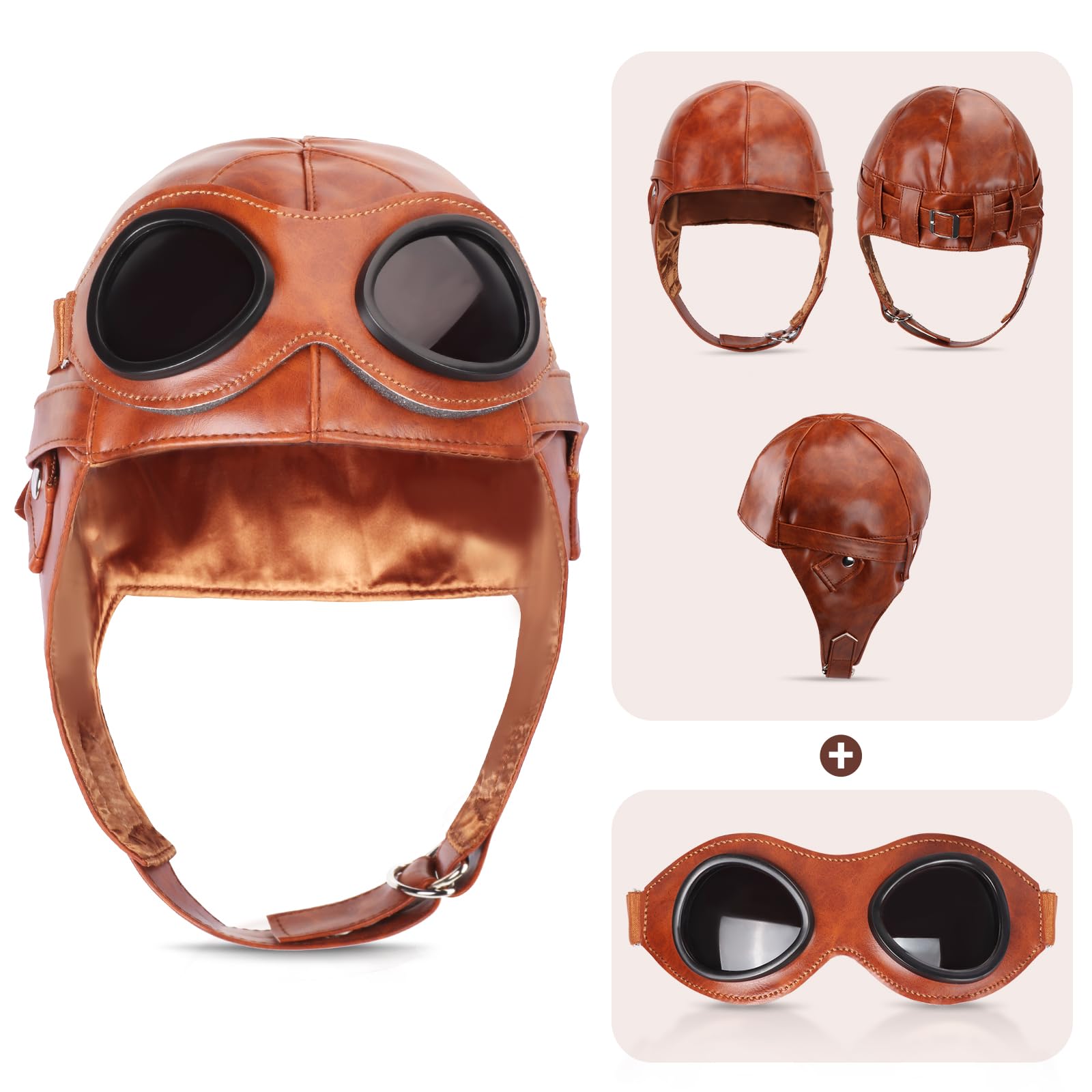 Kyson Costume da aviatore per bambini, in pelle, cappello da aviatore, con occhiali, sciarpa, spilla, collana, per Halloween, feste a tema aviazione