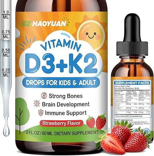 Gotas de vitamina D3 K2 para niños, suplemento líquido de vitamina D3 con calcio, Omega 3, zinc para absorción de calcio, huesos saludables,