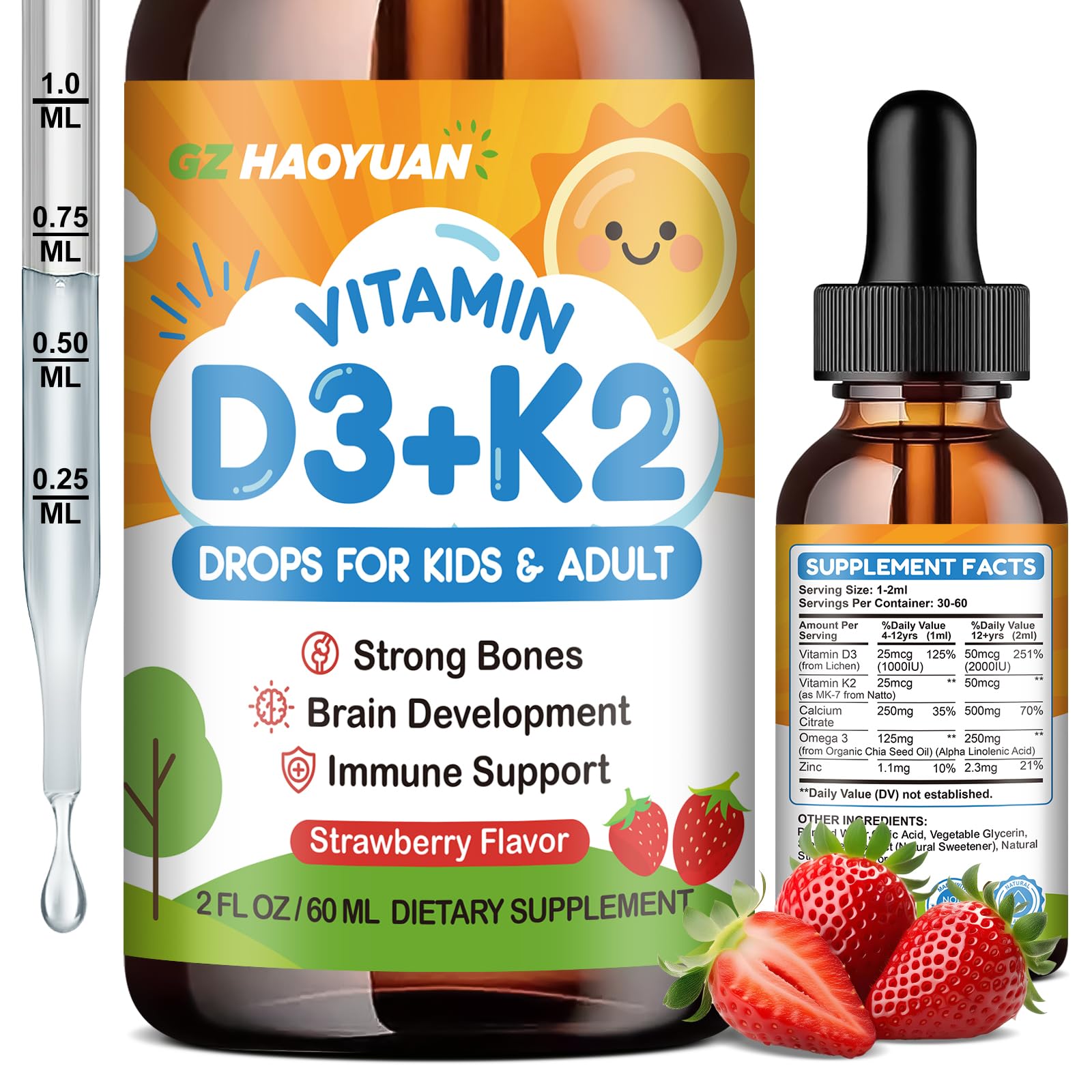 Vitamin D3 K2 Drops for Kids Liquid Vitamin D3 Supplement with Calcium, Omega 3, Zinc for Calcium Absorption Healthy Bones, Brain Development & Immune System, Non-GMO, Vegan, Strawberry Flavor 2 Fl Oz Strawberry 2 Fl Oz (Pack of 1)