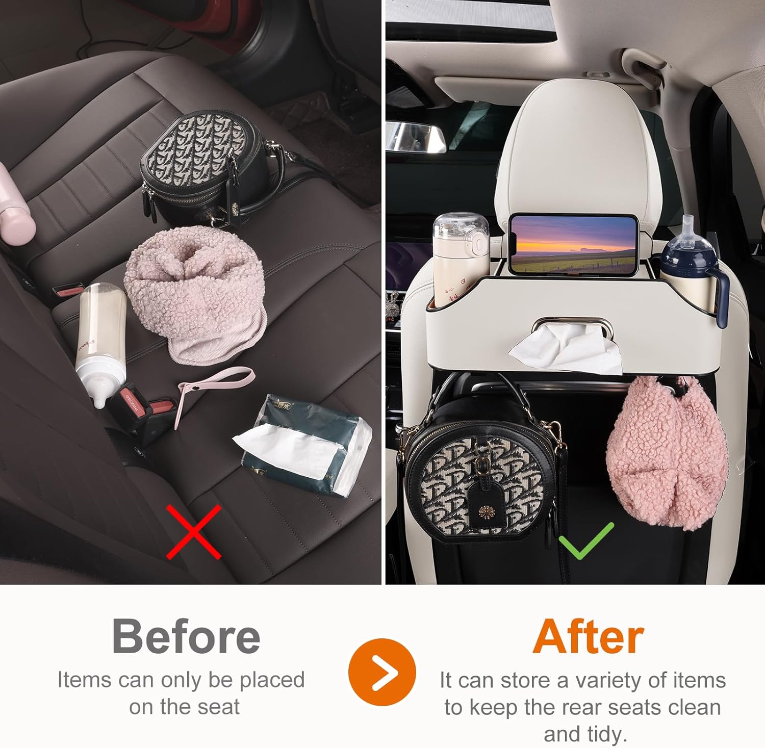 Car Rear Backseat Extra Multifunctional Drink Cup Holder Organizers With Tissue Storage Box Organizer & Hooks For Car Seat Back. White