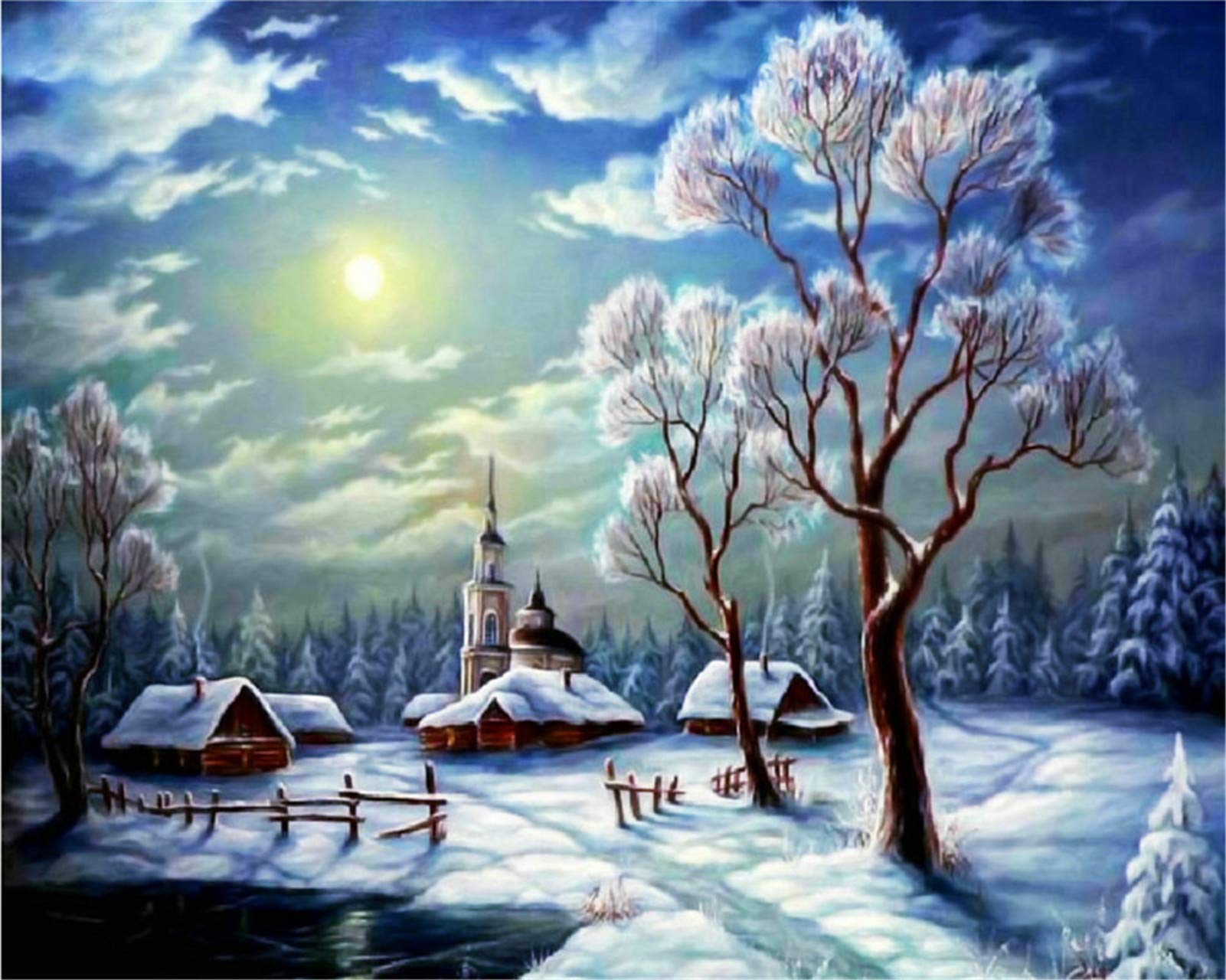 Pittura Ad Olio Fai Da Te YEESAM ART Con Numeri - Paesaggio Invernale Su Tela 40x50 Cm, Kit Completo Per Adulti E Bambini