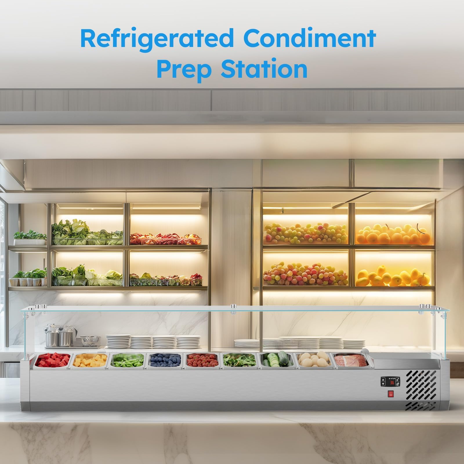 Mojgar ETL Certified 71 inch Sandwich & Salad & Pizza Bar Refrigerator Countertop,304 Stainless Steel Food Prep Table Station Fridge,Commercial Condiment Cooler with 1/4 Pan*9,Glass Guard