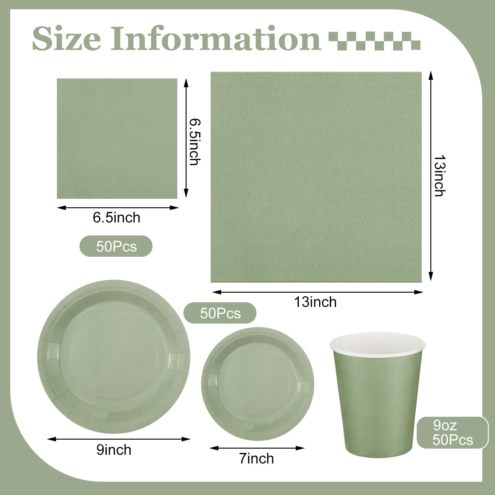 Dandat Lot de 200 assiettes jetables de 17,8 cm, 50 assiettes en carton de 22,9 cm, 50 gobelets en carton, 50 serviettes pour anniversaire, fête prénatale, fête de mariage (vert sauge)