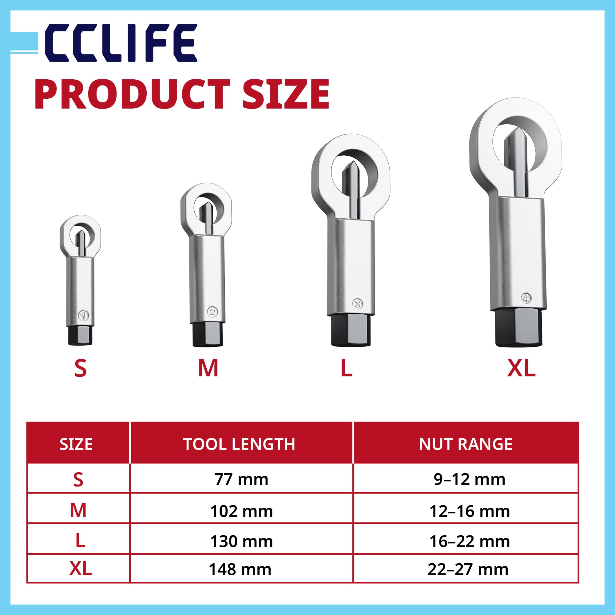 CCLIFE 4-częściowy zestaw zraszaczy nakrętek, z bardzo twardej stali łożyskowej, 4 rozmiary (9-12 mm, 12-16 mm, 16-22 mm, 22-27 mm), do usuwania zablokowanych/zardzewiałych nakrętek, narzędzie ręczne