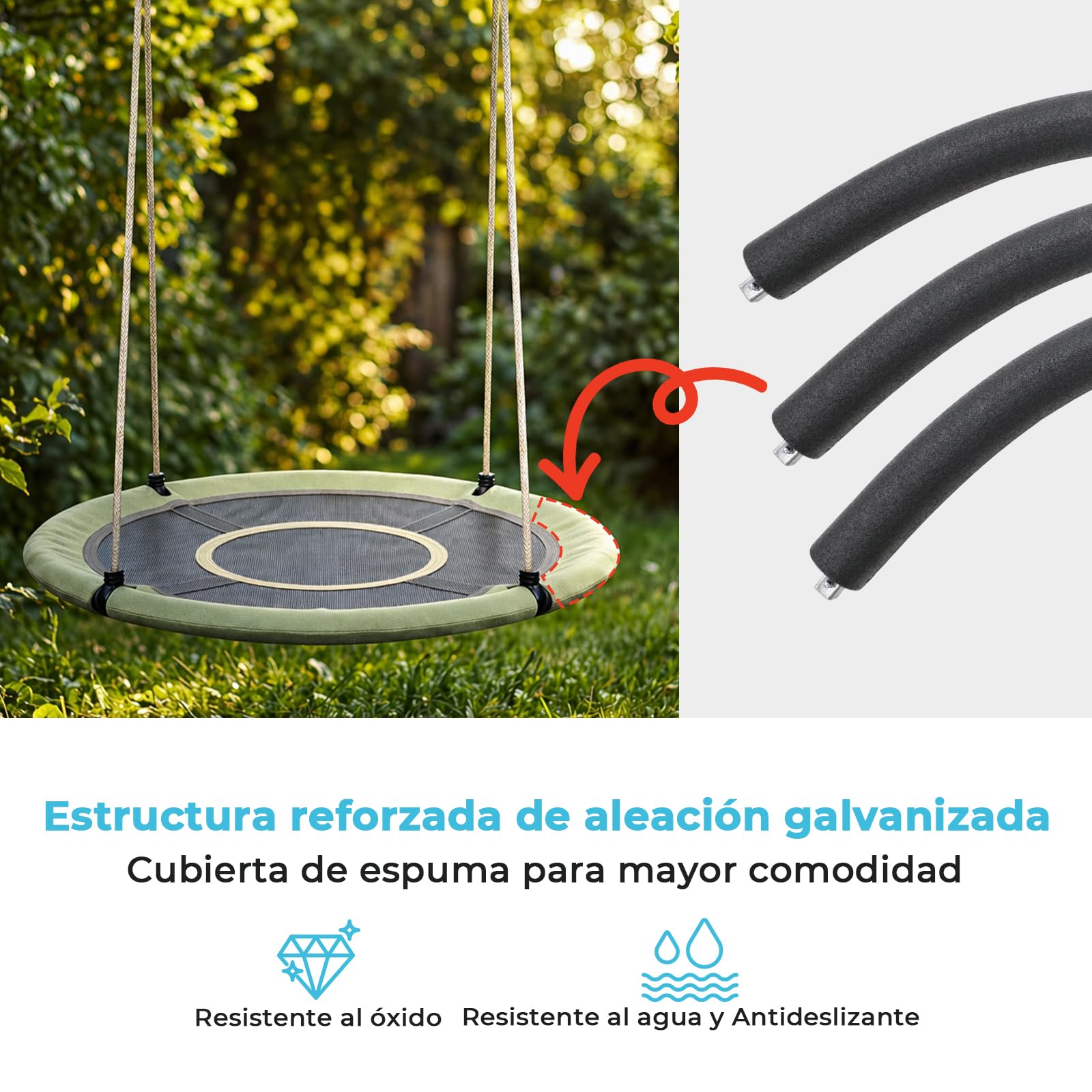 Nido de Columpio para Interior y Exterior, 120cm de Diámetro, Columpio Tipo Plato con Cuerdas Ajustables de 100 a 180cm, hasta 300kg, Resistente a la Intemperie, Columpio para Niños y Adultos
