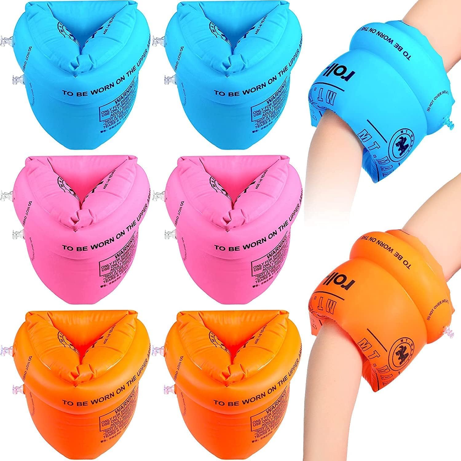 SWIUKPHE Swimming Arm Float Rings 6 Pcs, PVC Arm Floaties Inflatable Float Swim Arm Bands Water Floater Sleeves Swimming Rings Tube Armlets for Swimming, Orange, Blue, Pink