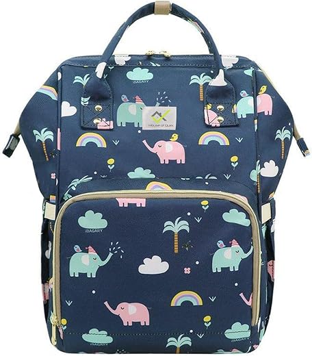 House of Quirk Baby Diaper Bag Blue Maternity Backpack (Dark Blue Elephant)