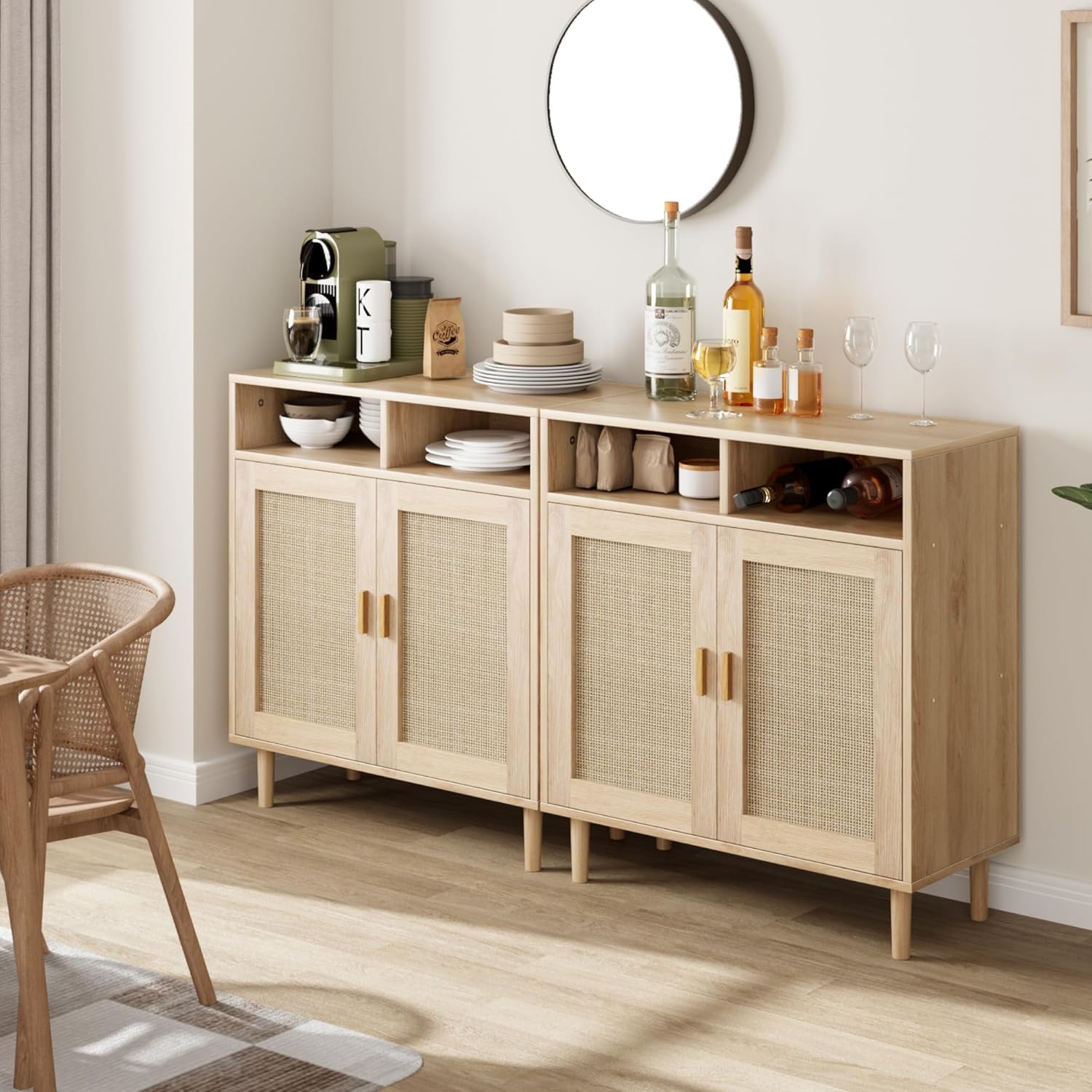 Litake Sideboard Rattan, 80x 92x 40 cm Anrichte mit 2 Offenem Fach & 2 Rattan Türen, Kommode Holz Buffetschrank Aufbewahrungsschrank Konsolentisch Kaffeebarschrank TV-Ständer,Natur