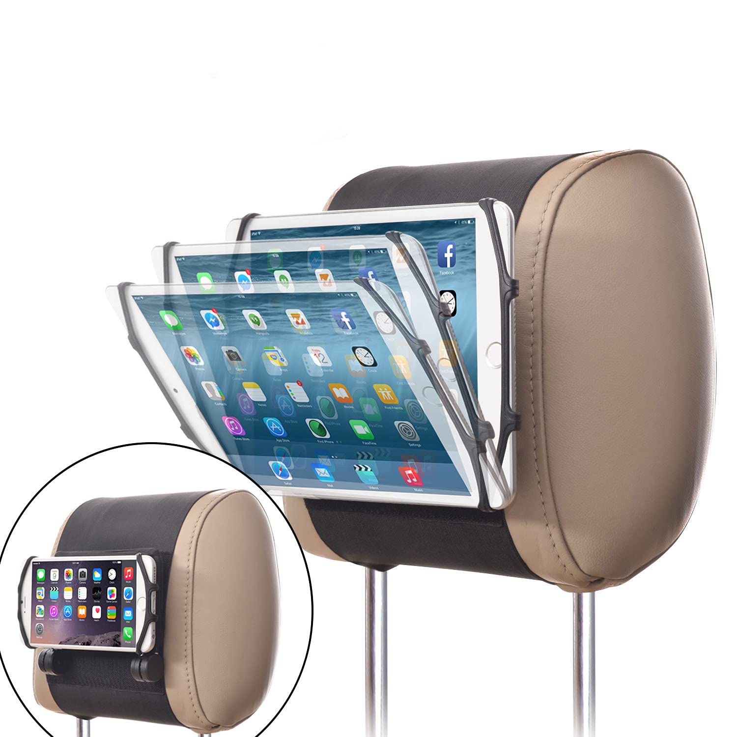 TFY Supporto per poggiatesta auto ad angolo TFY regolabile, supporto per poggiatesta auto, con rete in silicone per telefoni e tablet