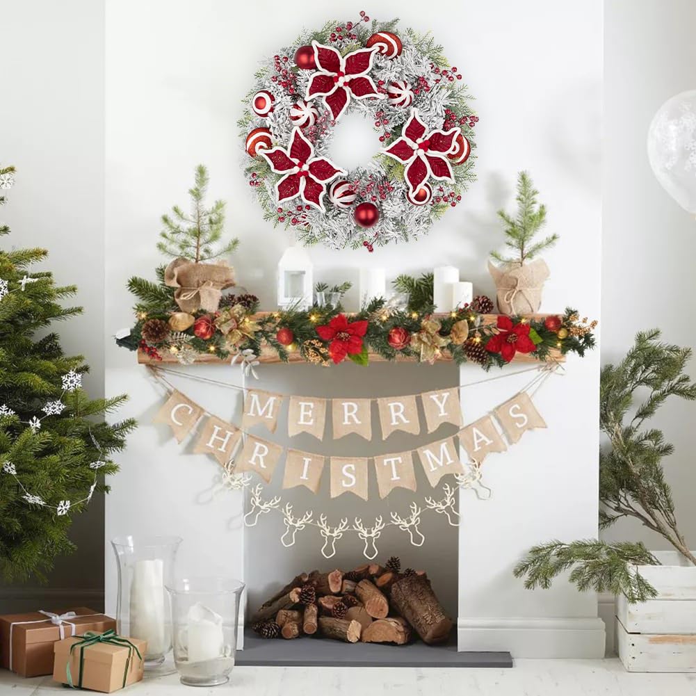 Oairse Corona de Navidad de 24 pulgadas con flor de Pascua roja, adornos de bolas y caramelos, corona artificial grande para decoración de puerta delantera con pino nevado, guirnalda colgante de
