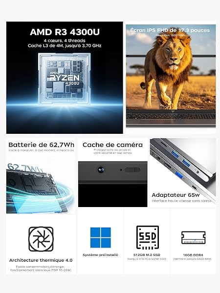 ACEMAGIC Ordinateur Portable 17,3 Pouces PC Portable 16 Go Ram DDR4 512 Go SSD Extension 2TB 4 cœurs 4300U,(Jusqu'à 3.7Ghz) Capacité de 5500Mah,3*USB3.2,BT5.0,HDMI,Laptop Argenté - 2