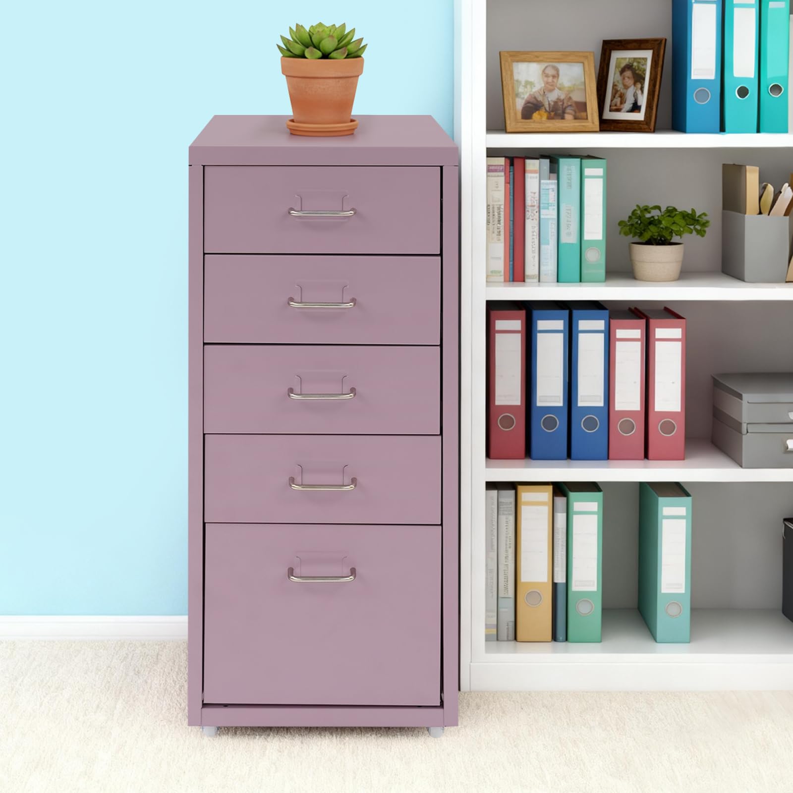 41 x 28 x 69 cm - Meuble de rangement mobile avec 5 tiroirs - Armoire en métal - Armoire de bureau avec 4 roulettes - Organisateur de documents - Conteneur de rangement pour bureau, bureau