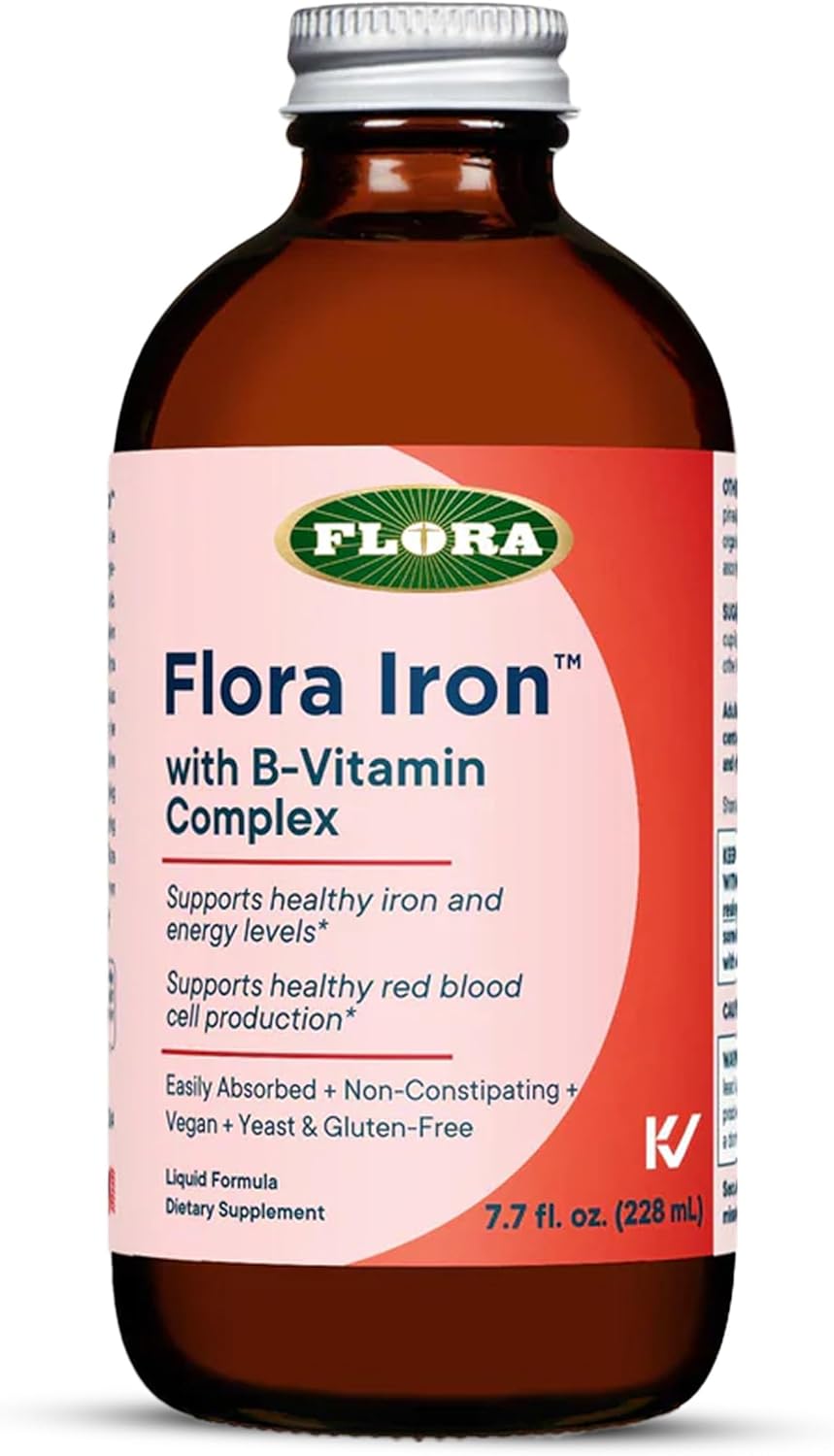 Flora Iron with B-Vitamin Complex - Helps Maintain Healthy Iron Levels - Non-Constipating, Highly Absorbable - Vitamin-B & Liquid Iron - Vegan Supplement - Yeast & Gluten Free, 7.7-oz. Glass Bottle