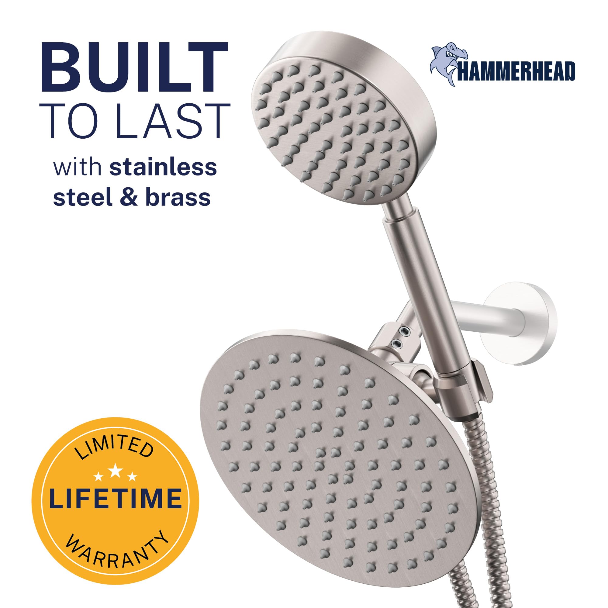 HammerHead Showers® ALL METAL Podwójna głowica prysznicowa Combo – szczotkowany nikiel – 20 cm deszczownica o wysokim przepływie i ręczna głowica prysznicowa wysokie ciśnienie z wężem 1,8 m – podwójne