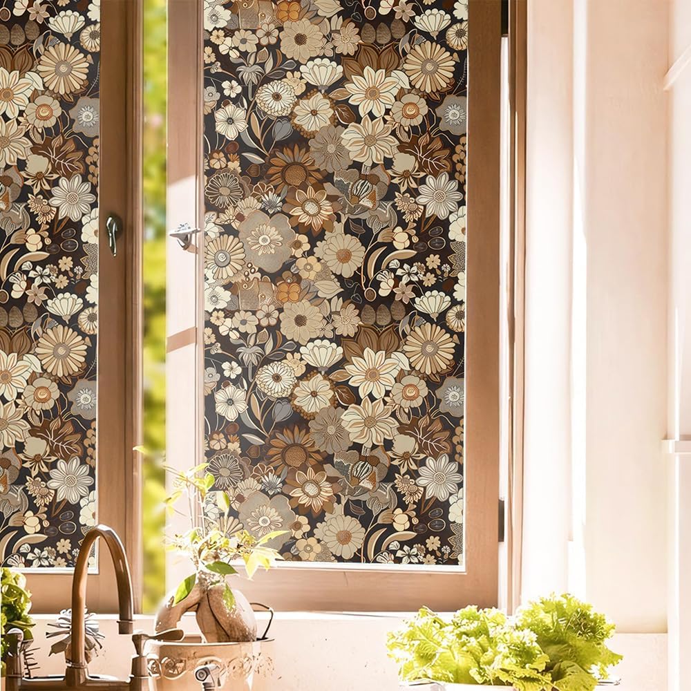Boho Brown White Daisy Flowers Stained Glass Window Films Decorative Double-Side Privacy Film Self-Adhesive Static Clings for Living Room Bathroom Glass Windows Decor