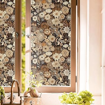 Boho Brown White Daisy Flowers Stained Glass Window Films Decorative Double-Side Privacy Film Self-Adhesive Static Clings for Living Room Bathroom Glass Windows Decor
