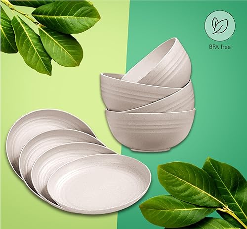 Miniatura 5 de Juego de vajilla de paja de trigo de 36 piezas para 4 platos ligeros e irrompibles, aptos para microondas y lavavajillas, perfecto para campamento,