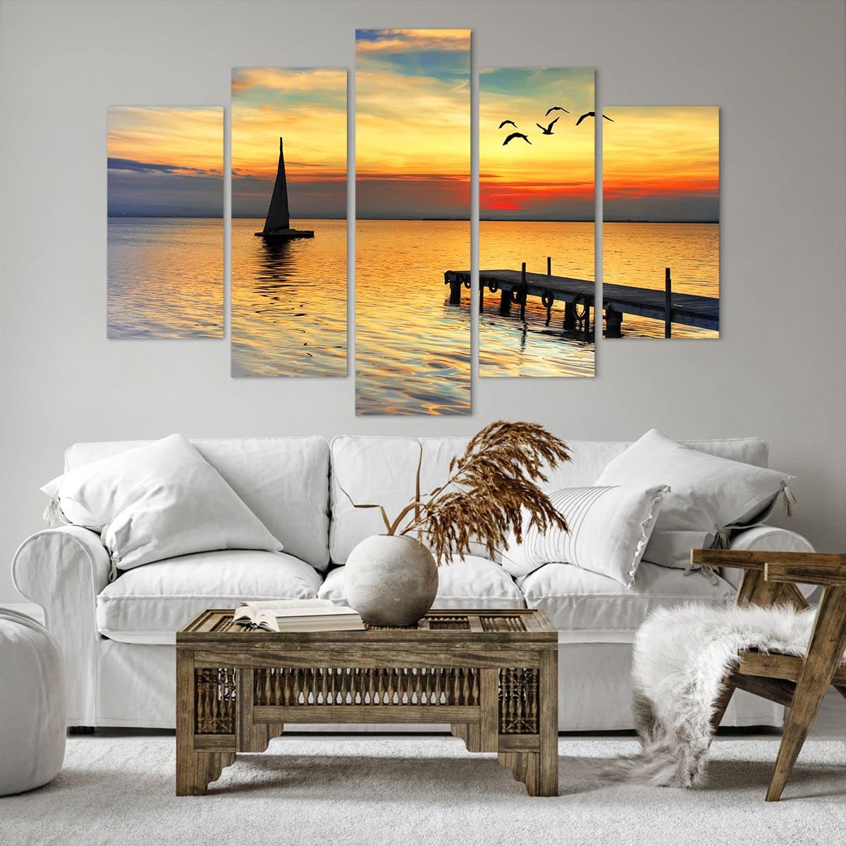 Bilder auf Leinwand 150x100cm Leinwandbild Strand landschaft wasser brücke Groß XXL Wanddeko Bild Schlafzimmer Set 5 teilige Wandbilder Dekoration Wohnzimmer Canvas Wand Kunstdruck Art EA150x100-2535