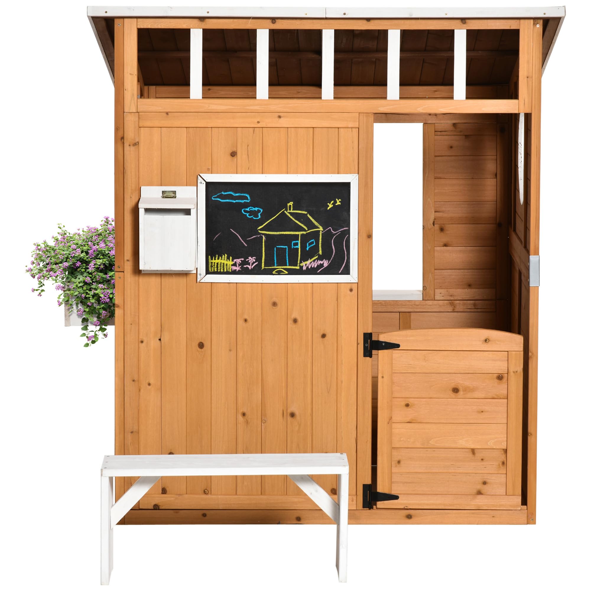 Outsunny Spielhaus Kinderspielhaus aus Holz mit Tür Fenster Briefkasten Blumentopfrack Gartenhaus für Kinder 3-8 Jahre Outdoor Indoor