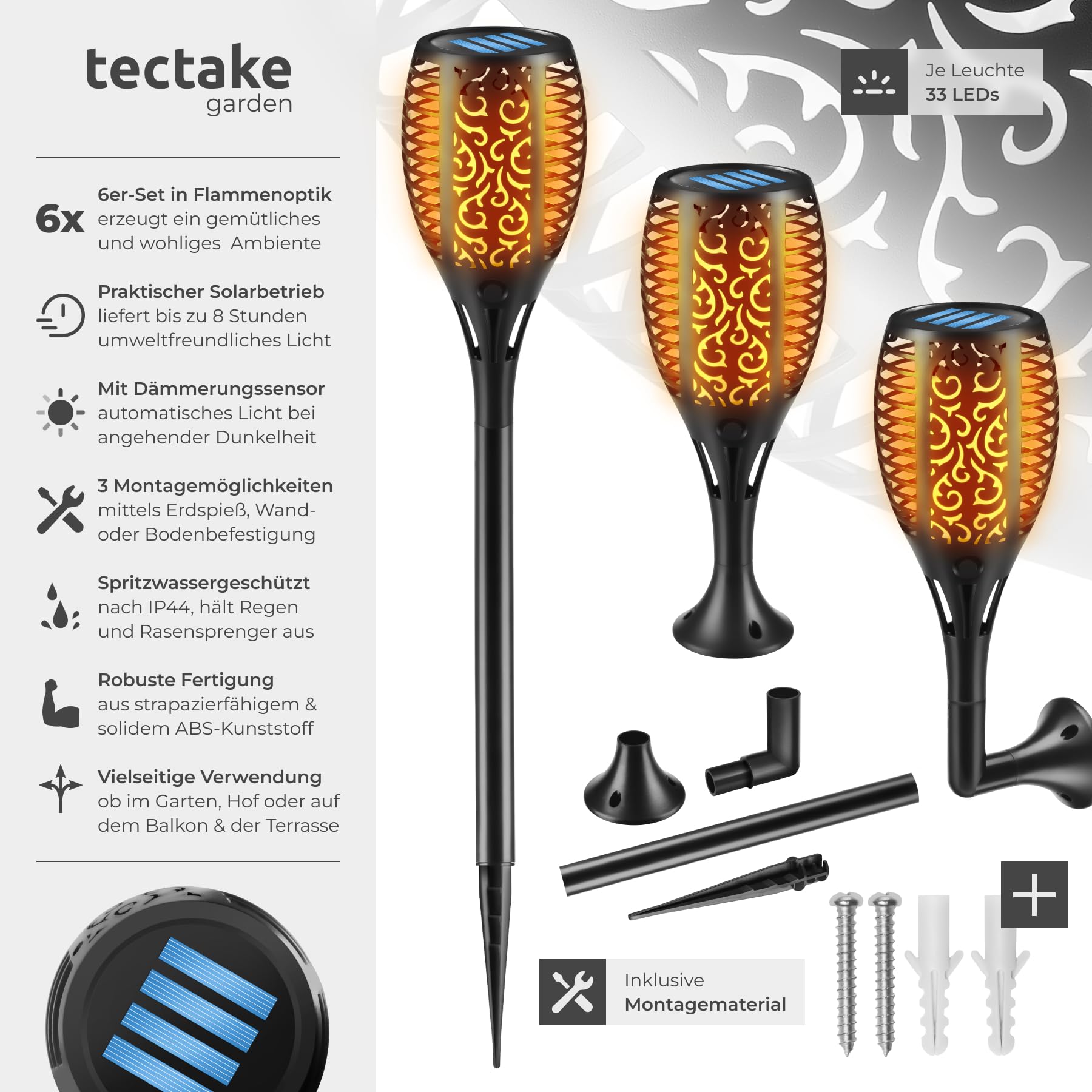 tectake® 6x LED Solarlampen für außen, für Garten, als Wandleuchte, Solar Lampe Fackeln für Draußen, Aussenlampe Wand, Solarleuchten, outdoor Gartenfackeln, Gartenleuchten, Wegbeleuchtung
