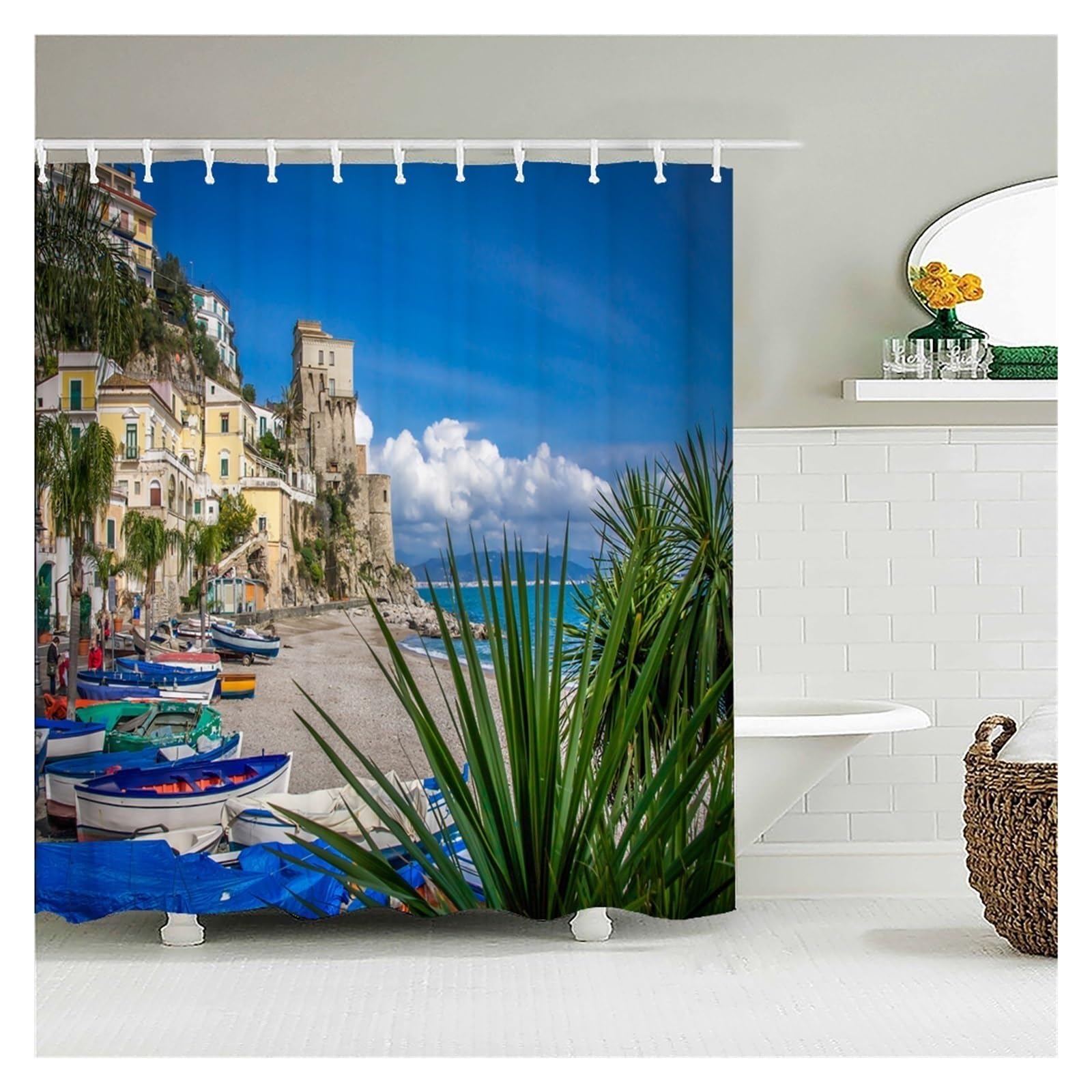 Cortina De Ducha Cortinas de Ducha Impermeables con Paisaje de Flores, Cortinas de baño de Flores de Calle Rural, Tela de poliéster, decoración Lavable, Cortinas de baño(JK1495,W300xH180cm)