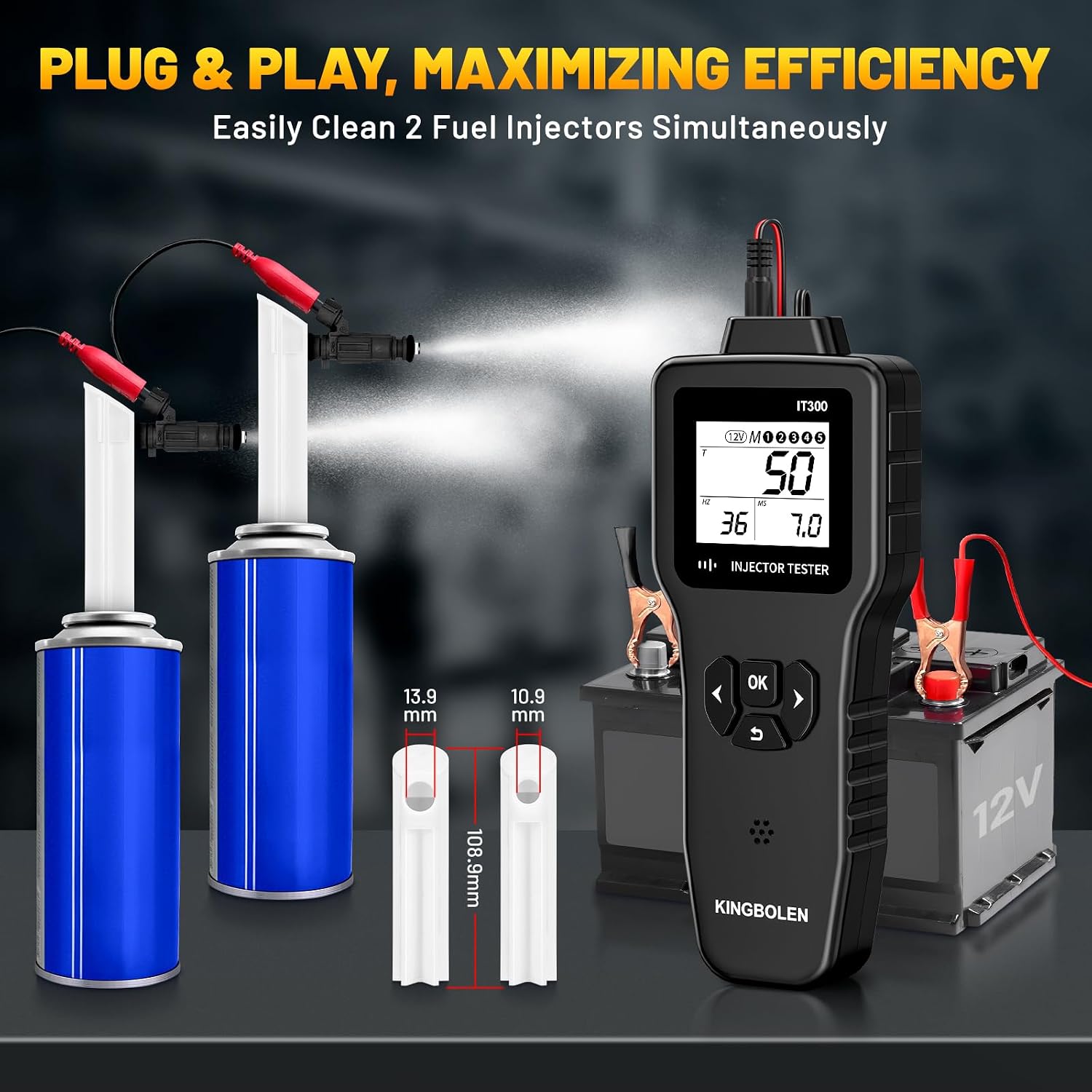 KINGBOLEN IT300 Universal Fuel Injector Tester, 5 Pulse Modes Fuel Injector Cleaning Kit, DIY Fuel Injector Cleaner Tool with 2 Size Cleaning Adapter, 12V/5V Output Power, Short Circuit Protection