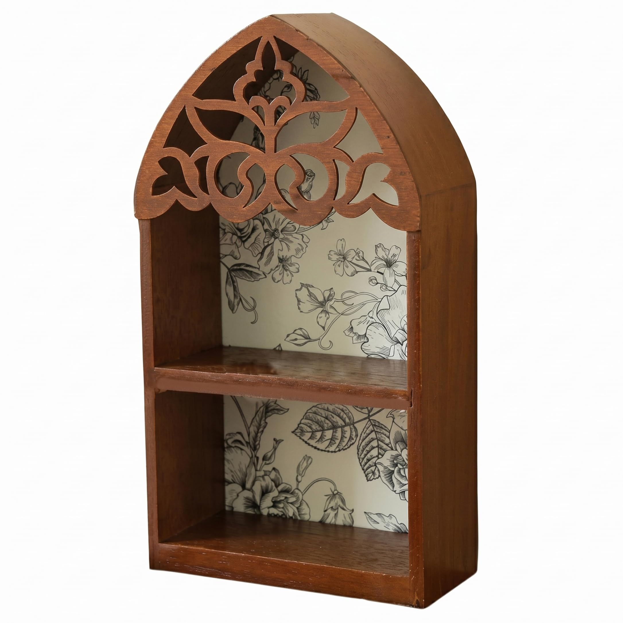 Wilafury Arched Trinket Shelf, Vintage Wood Floating Display Shelf, Victorian Styles Shadow Box with Shelves for Collectibles, Mini Figures, Perfumes, 2 Grid