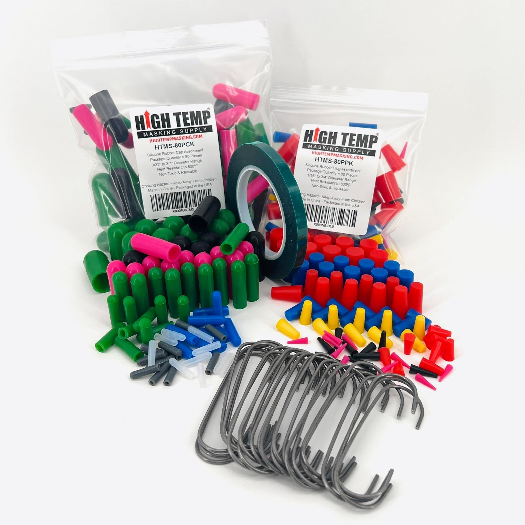 High Temp Masking Supply 187-Piece Silicone Plug, Cap, Tape, and Hook Assortment - Complete Masking Kit for Powder Coating, Painting, Ceramic Coating