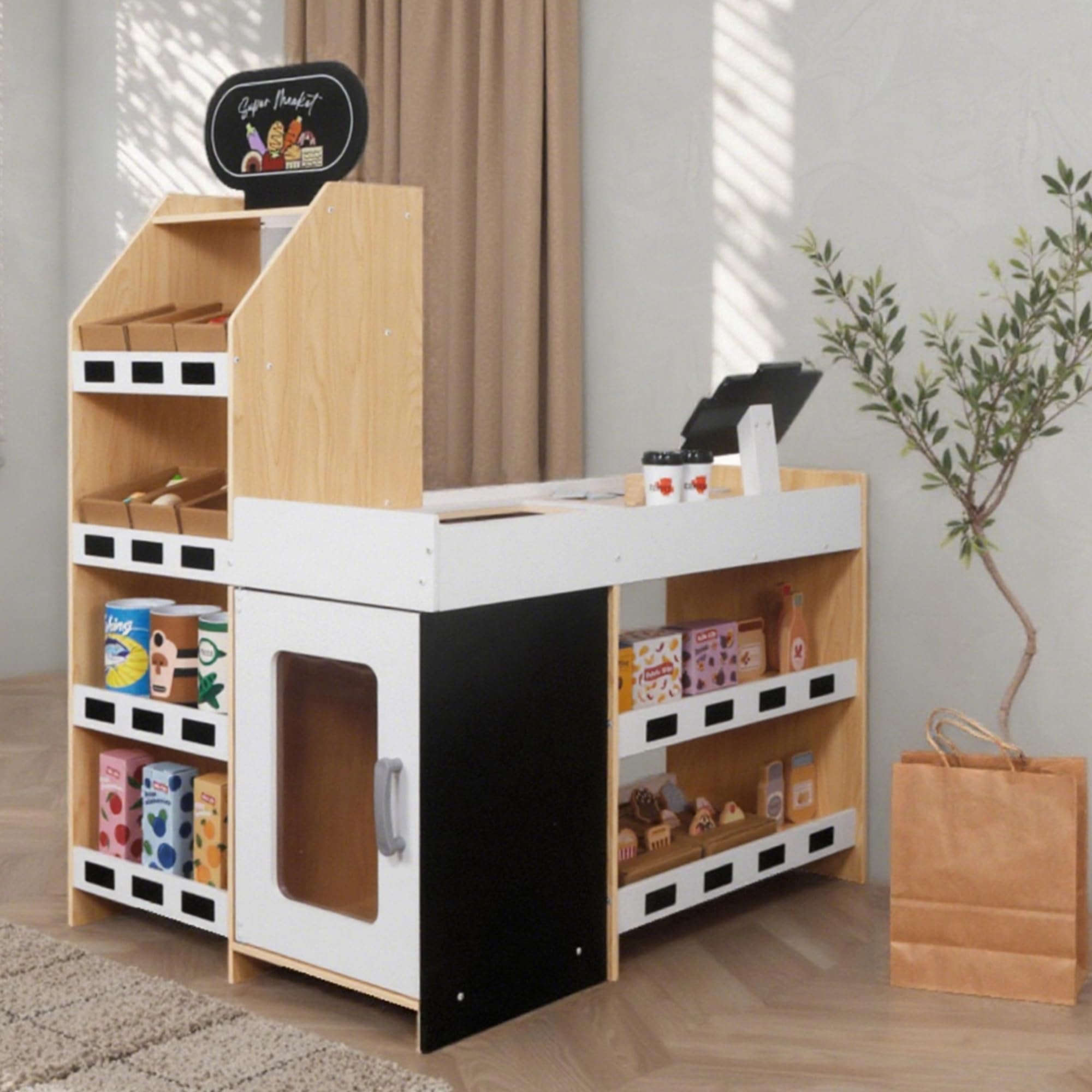 Labebe Wooden Supermarket Playset For Kids - Pretend Grocery Store With Cash Register & Play Food